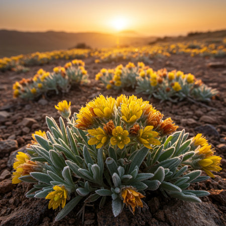 Yellow flowers in the desert. Tenerife, Canary Islands, Spainの素材