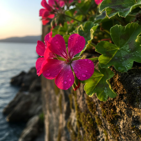 Pink geranium flowers on a rock by the sea at sunset.の素材