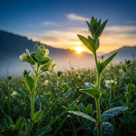 Beautiful sunrise in the morning on the mountain with green grass and flowersの素材
