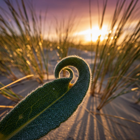 Close up of a green leaf on a dune at sunset.の素材
