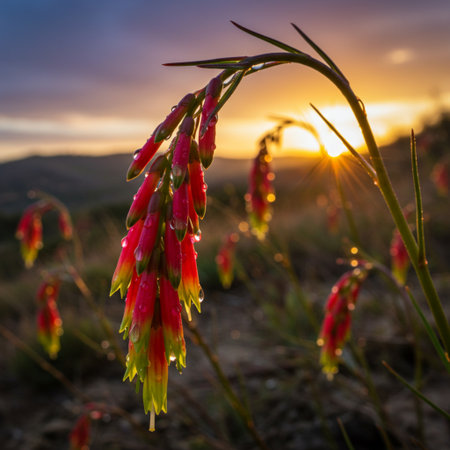 Beautiful sunrise in the mountains with red flowers of aloe veraの素材