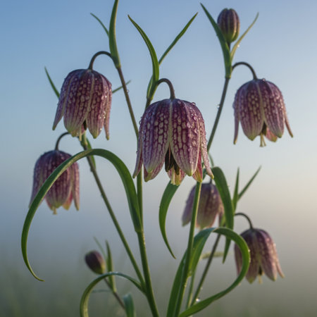 Fritillaria meleagris flowers in the morning sunの素材