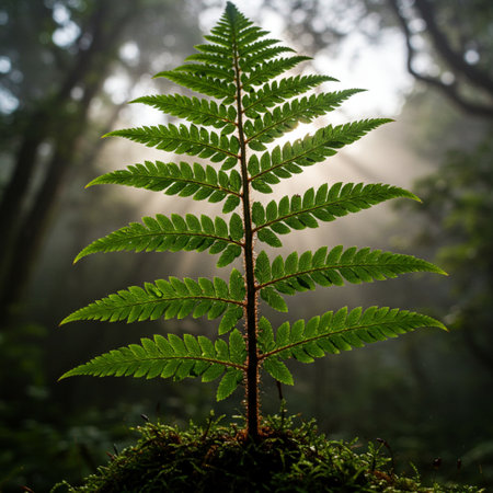 Green fern growing in the forest on a foggy morning.の素材