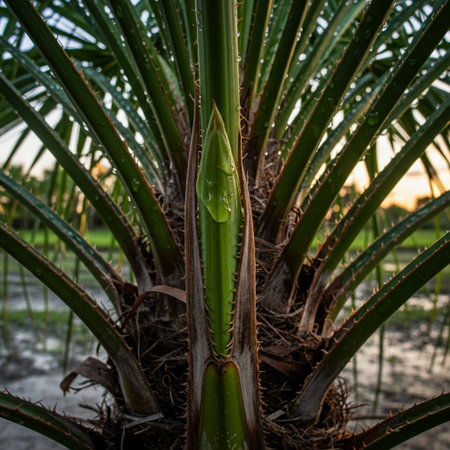 Coconut palm tree with water droplets on the leaves.の素材