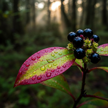 Bunch of black berries with raindrops on green leaves in the forestの素材