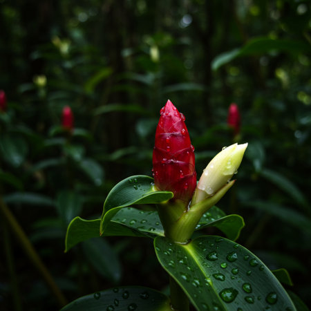 Beautiful red ginger flower with water drops on green leaves background.の素材