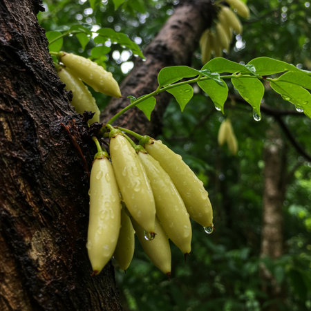 Starfruits on the tree in the garden. Bunch of starfruits on the tree.の素材