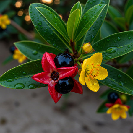 Close-up of red and yellow flowers with raindrops on green leavesの素材