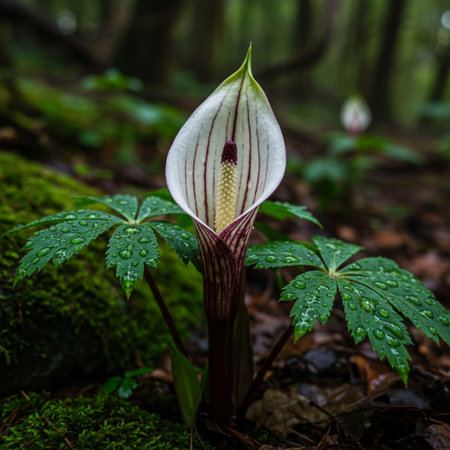 Beautiful blooming paphiopedilum orchid in the forestの素材