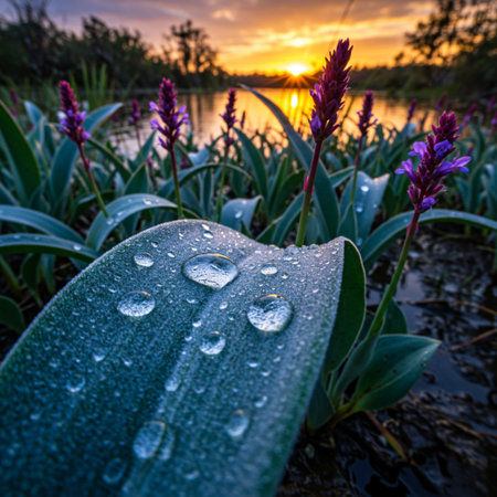 Water drops on the leaves of a plant in the field at sunsetの素材
