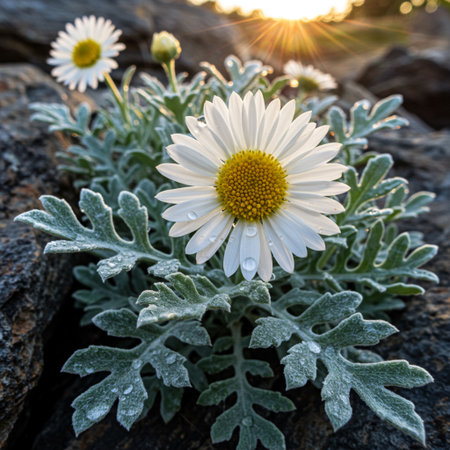 White daisy flower with dew drops on the rock in sunlightの素材