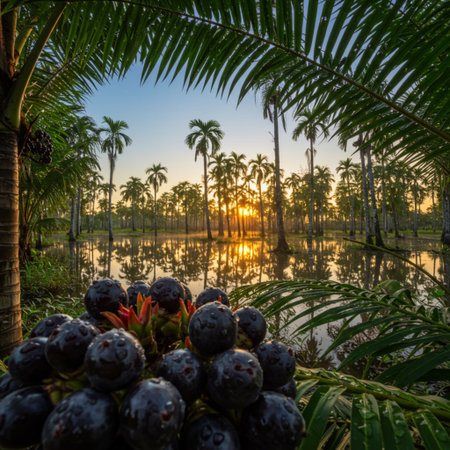 Palm trees and sunset on the lake, Bali, Indonesiaの素材