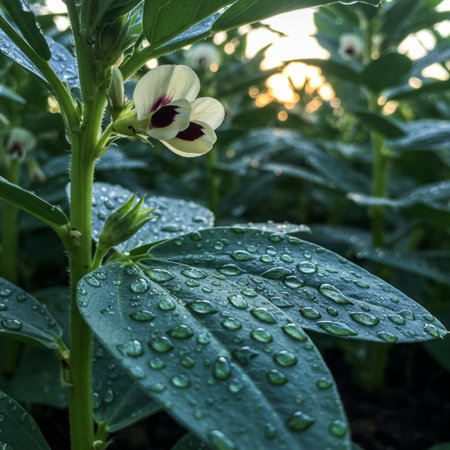 Broad bean plant (Vicia faba) with water drops.の素材
