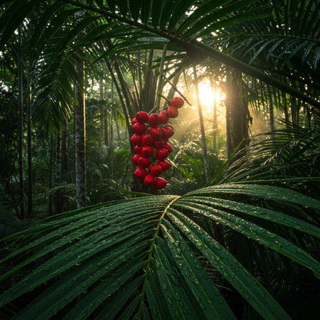 Bunch of red fruits on a palm tree in the morning.の素材