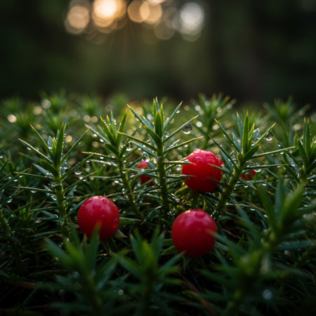 Ripe red cranberries on a green bush in the forest.の素材
