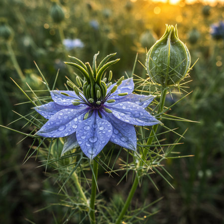 Nigella damascena flower in the field at sunset.の素材