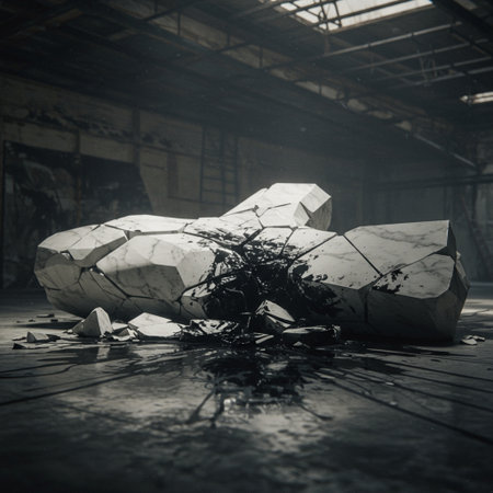 Broken glass in an abandoned factory. Dark toned image.の素材