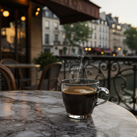 Cup of coffee on the table in Paris, France at sunsetの素材