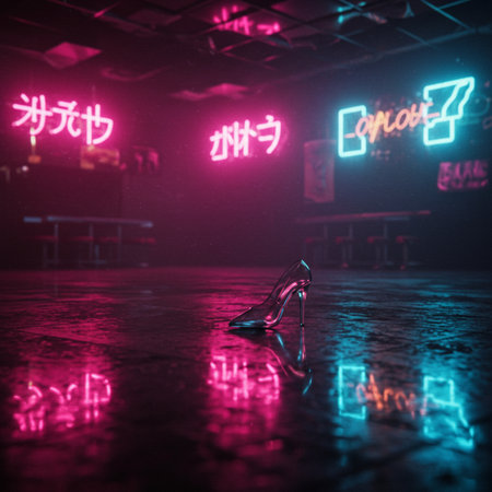 Neon shoes on the floor in dark room with neon lights. Selective focusの素材