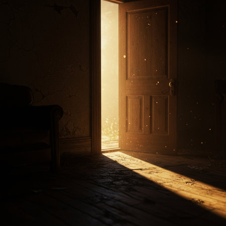 Door with light coming from the open door. 3D renderingの素材