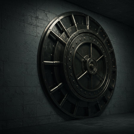 Old metal safe on dark wall background. 3d render illustration.の素材