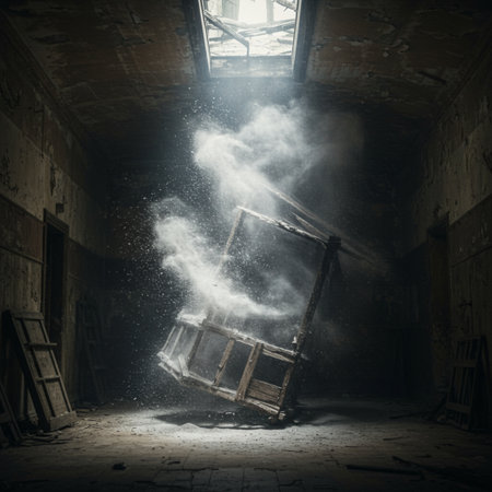 Abandoned industrial interior with wooden box and smoke, tonedの素材