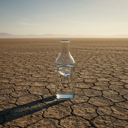 Glass bottle with water on the dry cracked earth. Global warming concept.の素材