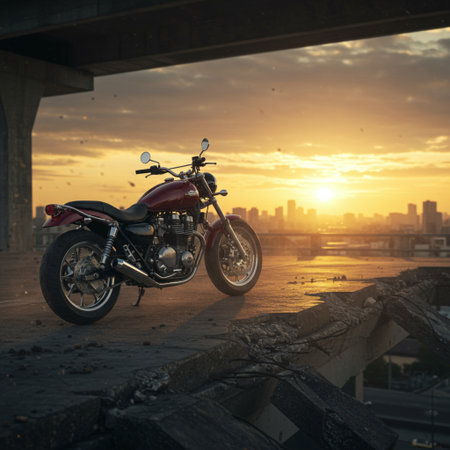 Motorcycle on the road at sunset with cityscape and bridge.の素材