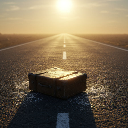 Suitcase on the road at sunset. Travel concept background.の素材