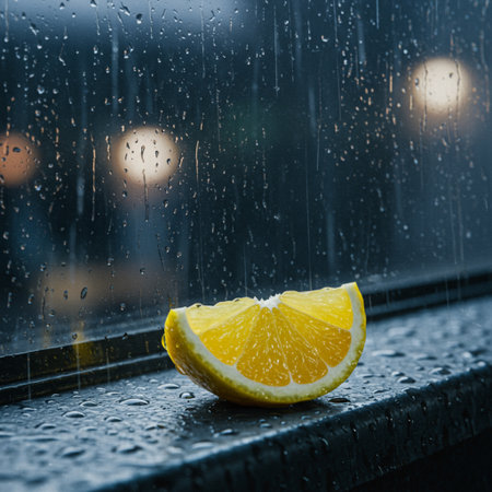 A slice of lemon on a wet window with rain drops. Selective focus.の素材
