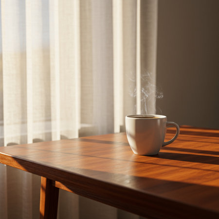 Cup of coffee on wooden table in morning sunlight. Sunlight through the window.の素材