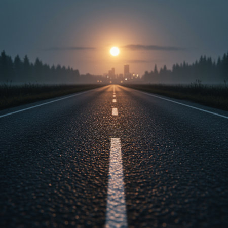 Asphalt road and the sun in the background. The concept of travel and transportの素材
