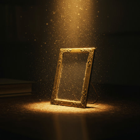 Golden photo frame on a dark background with rays of light. Copy space.の素材