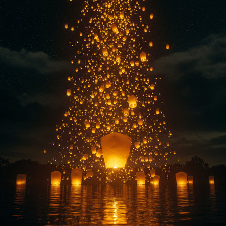 Floating lanterns in the night sky. 3d rendering.の素材