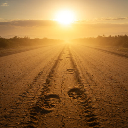 Traces of car tires on the road in the desert at sunsetの素材