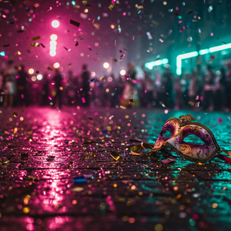 Carnival mask with confetti on the floor at night.の素材
