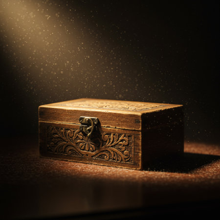Wooden treasure chest on a black background with a beam of lightの素材