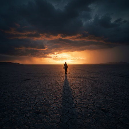 Silhouette of a man standing in the desert at sunset. 3d renderの素材