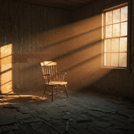 Interior of an old abandoned house with wooden chair and sunlight. 3d renderの素材