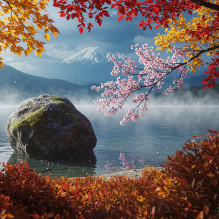 Kawaguchiko lake and Mt Fuji in autumn, Japanの素材