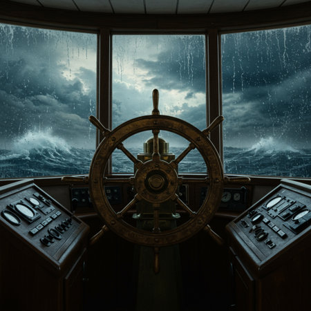 Steering wheel of the ship on the background of the stormy skyの素材