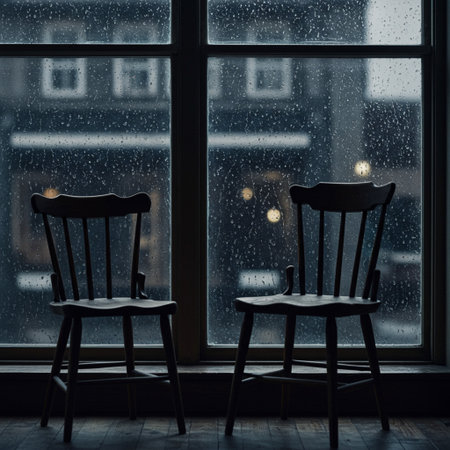 Two black chairs in front of a window with raindrops on the glassの素材