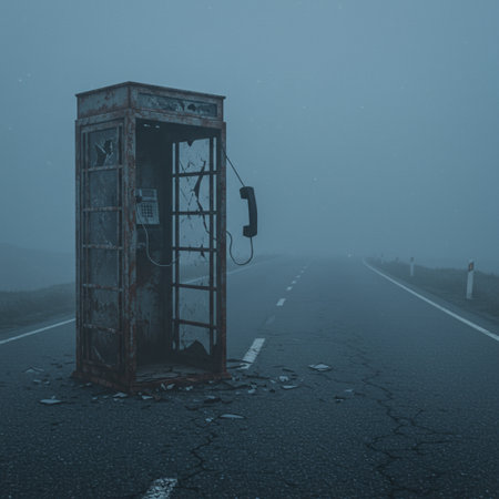 Abandoned telephone booth in the middle of a foggy roadの素材
