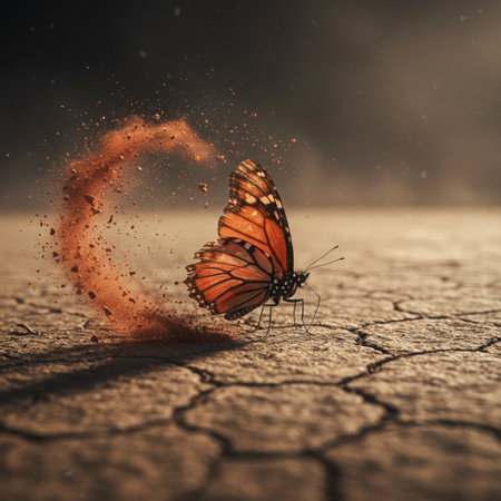 Butterfly on dry ground with orange light. Conceptual image.の素材
