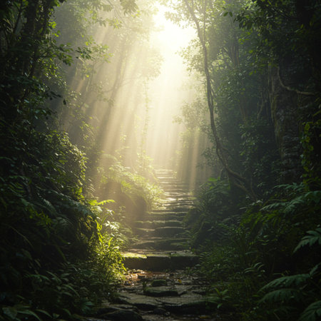 Pathway in the rainforest with sunbeams through the treesの素材