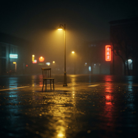 Lonely chair in a foggy street at night. Selective focusの素材
