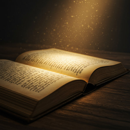 Open book on a wooden table illuminated by rays of light. Selective focus.の素材