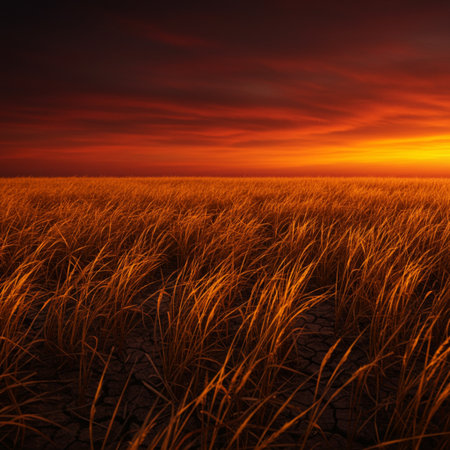 Dramatic sunset over a field with dry grass, 3d renderの素材