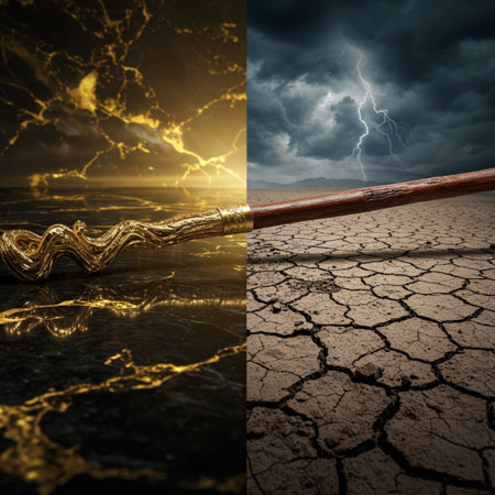 Conceptual image of a lightning strike over cracked earth background.の素材