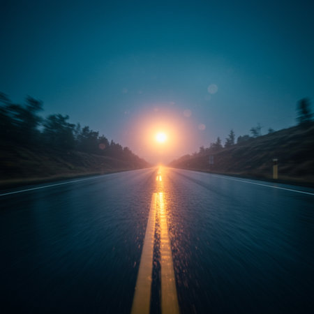 Asphalt road through the forest at night with motion blur effect.の素材
